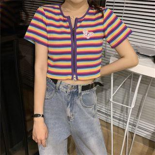Short-sleeve Striped Zip-up Crop Top