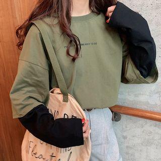 Lettering Mock Two Piece Long Sleeve Top