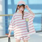 Set: 3/4-sleeve Striped T-shirt + Shorts + Drawstring Backpack