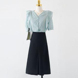 V-neck Ruffle Trim Blouse / Midi A-line Skirt