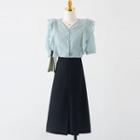 V-neck Ruffle Trim Blouse / Midi A-line Skirt