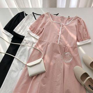 Short-sleeve Square-neck Two-tone Dress