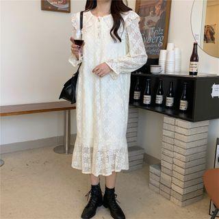 Bell-sleeve Collared Lace Midi A-line Dress