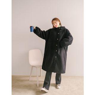 Hooded Balloon-sleeve Long Fleece Coat