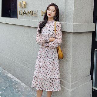 Long-sleeve Mock-neck Floral-print Midi A-line Dress