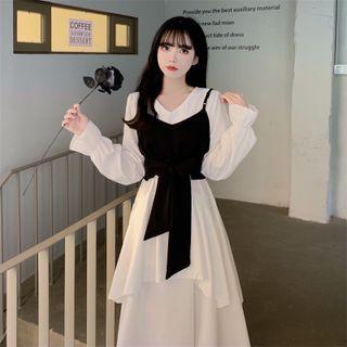 Mock Two-piece Long-sleeve Asymmetrical Dress