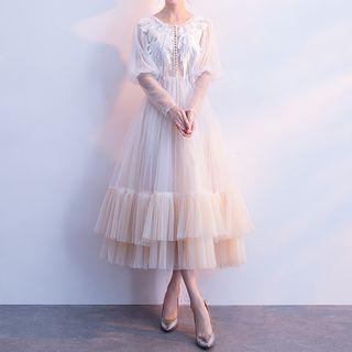 Mesh Panel Long-sleeve Midi Tiered Dress