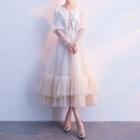 Mesh Panel Long-sleeve Midi Tiered Dress
