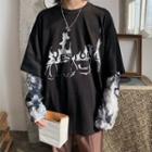 Mock Two-piece Long-sleeve Lettering Tie-dye Print T-shirt