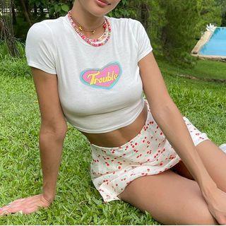 Lettering Heart Print Cropped T-shirt