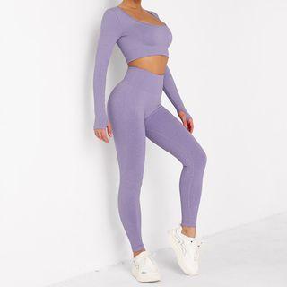 Set: Plain Long Sleeve Square Neck Cropped Sports Top + Pants