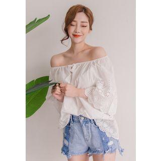 Off-shoulder 3/4-sleeve Eyelet-lace Top