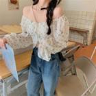 Puff-sleeve Floral Print Zip-up Blouse