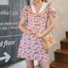Floral Print Buttoned Puff-sleeve A-line Mini Dress