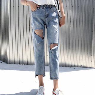 Washed Ripped Cropped Straight Leg Jeans