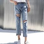 Washed Ripped Cropped Straight Leg Jeans