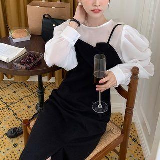 Puff-sleeve Blouse / Slit Midi Sheath Overall Dress
