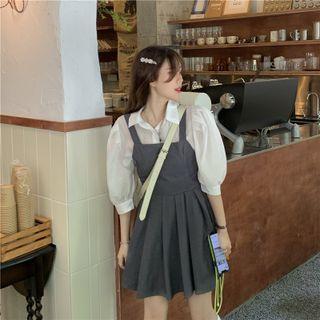 Puff-sleeve Shirt / Mini Overall Dress