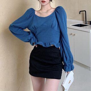 Long-sleeve Ruffle Hem Cropped T-shirt