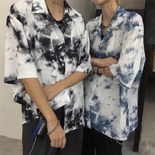 Elbow-sleeve Tie-dye Print Shirt
