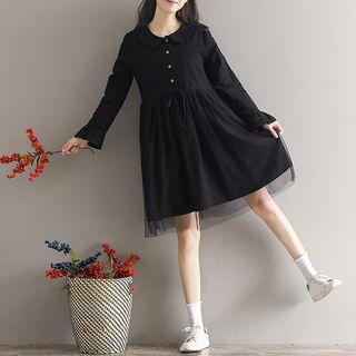 Long-sleeve Mesh Panel A-line Shirt Dress