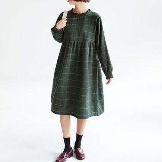 Long-sleeved Tie-waist Gingham Sheath Dress