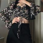 Flared-cuff Floral Print Drawstring Blouse / A-line Skirt