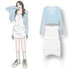 Plain Knit Cardigan / Off-shoulder Slim-fit Dress
