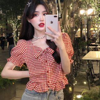 Puff-sleeve Bow-front Check Frill Trim Top