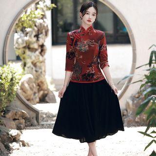 3/4-sleeve Print Qipao Top / Midi A-line Qipao Skirt / Set