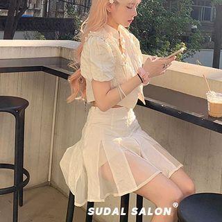 Set : Short-sleeve Qipao Collar Top + Skirt