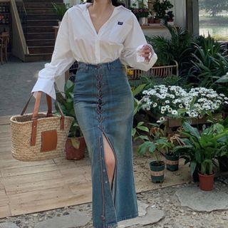 Plain Shirt / Lace-up Denim Midi Mermaid Skirt