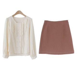 Ruffle Trim Blouse / Mini A-line Skirt / Set