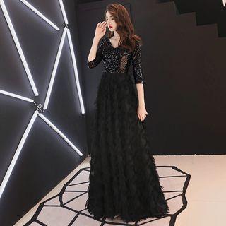 Elbow Sleeve V-neck Sequined Panel Fringed Evening Gown