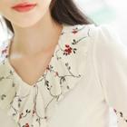 Collared Short-sleeve Floral-trim Top