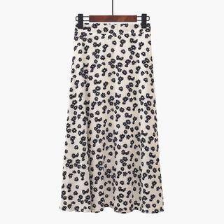 Floral Print Midi A-line Skirt White - One Size