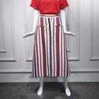 Lettering Short-sleeve T-shirt / Striped Midi Skirt