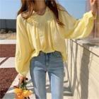 Balloon-sleeve Shirred Blouse Yellow - One Size