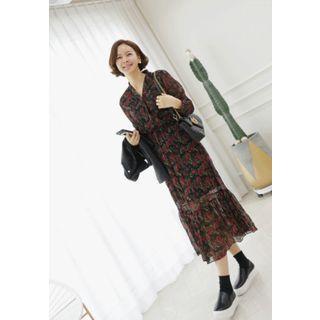 V-neck Floral Pattern Chiffon Long Dress