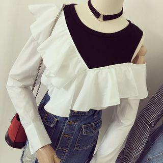 Mock Two-piece Cutout Shoulder Blouse