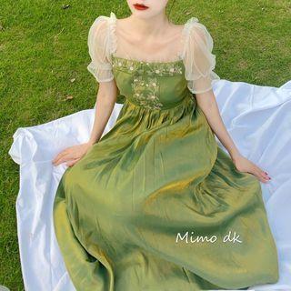 Floral Embroidered Puff Sleeve A-line Dress