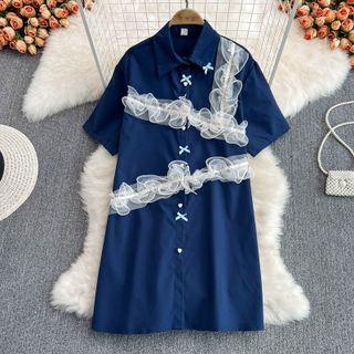 Short Sleeve Ruffle & Bow Detail Shirtdress Blue - One Size