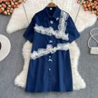 Short Sleeve Ruffle & Bow Detail Shirtdress Blue - One Size