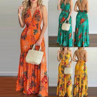 Halter-neck V-neck Floral Print Long Dress