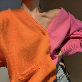 Long-sleeve Color Block Cardigan As Shown In Figure - One Size