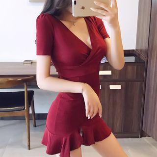 V-neck Short-sleeve Ruffled Playsuit