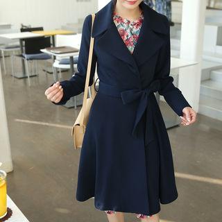 Wide-lapel A-line Coat With Sash