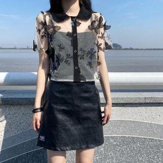 Short-sleeve Mesh Top Black - One Size