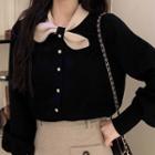 Long-sleeve Contrast Bow-front Blouse