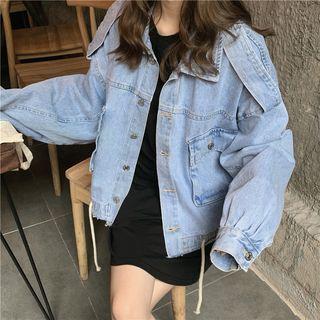 Long-sleeve Drawstring Waist Denim Jacket Blue - One Size